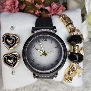 Relógio Feminino - KIt com Puseira + Brinco Pulseira Preta